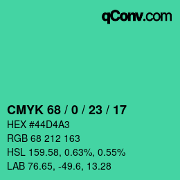 カラーコード: CMYK 68 / 0 / 23 / 17 | qconv.com