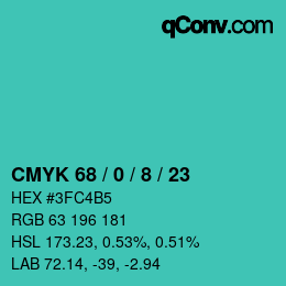 カラーコード: CMYK 68 / 0 / 8 / 23 | qconv.com