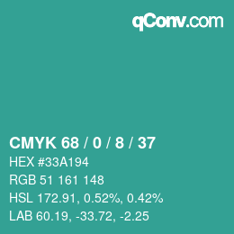 カラーコード: CMYK 68 / 0 / 8 / 37 | qconv.com