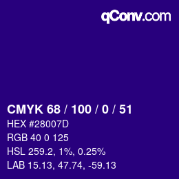 Color code: CMYK 68 / 100 / 0 / 51 | qconv.com