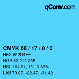 カラーコード: CMYK 68 / 17 / 0 / 0 | qconv.com