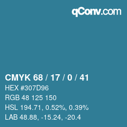 Color code: CMYK 68 / 17 / 0 / 41 | qconv.com