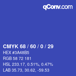 カラーコード: CMYK 68 / 60 / 0 / 29 | qconv.com