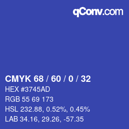 Farbcode: CMYK 68 / 60 / 0 / 32 | qconv.com