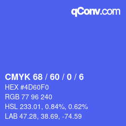 カラーコード: CMYK 68 / 60 / 0 / 6 | qconv.com