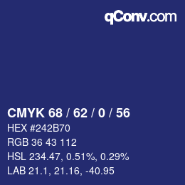 カラーコード: CMYK 68 / 62 / 0 / 56 | qconv.com