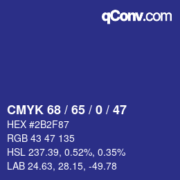Farbcode: CMYK 68 / 65 / 0 / 47 | qconv.com