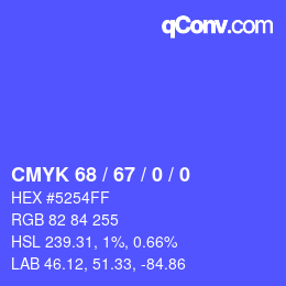 カラーコード: CMYK 68 / 67 / 0 / 0 | qconv.com