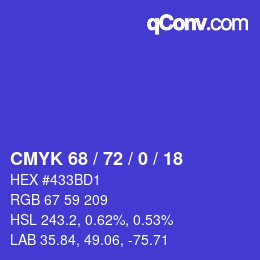 Color code: CMYK 68 / 72 / 0 / 18 | qconv.com