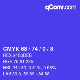 Color code: CMYK 68 / 74 / 0 / 8 | qconv.com