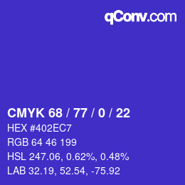 Farbcode: CMYK 68 / 77 / 0 / 22 | qconv.com