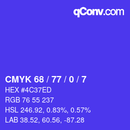 Color code: CMYK 68 / 77 / 0 / 7 | qconv.com