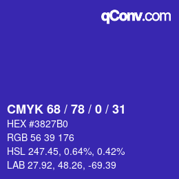 Color code: CMYK 68 / 78 / 0 / 31 | qconv.com