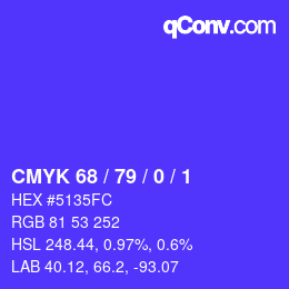 カラーコード: CMYK 68 / 79 / 0 / 1 | qconv.com