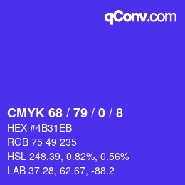 カラーコード: CMYK 68 / 79 / 0 / 8 | qconv.com