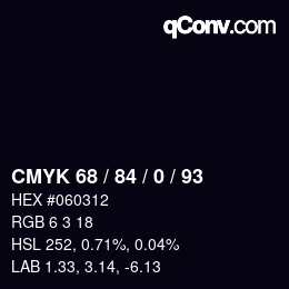 Color code: CMYK 68 / 84 / 0 / 93 | qconv.com