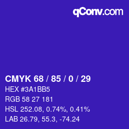 カラーコード: CMYK 68 / 85 / 0 / 29 | qconv.com