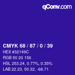 カラーコード: CMYK 68 / 87 / 0 / 39 | qconv.com