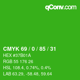 カラーコード: CMYK 69 / 0 / 85 / 31 | qconv.com