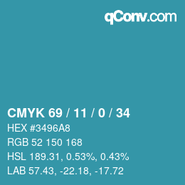 Farbcode: CMYK 69 / 11 / 0 / 34 | qconv.com