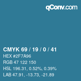 Color code: CMYK 69 / 19 / 0 / 41 | qconv.com