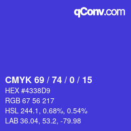 Color code: CMYK 69 / 74 / 0 / 15 | qconv.com