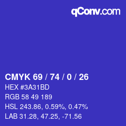 Color code: CMYK 69 / 74 / 0 / 26 | qconv.com