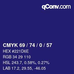 Color code: CMYK 69 / 74 / 0 / 57 | qconv.com