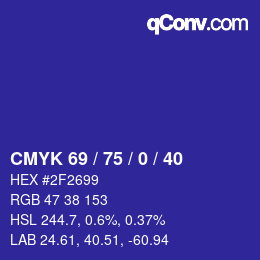 カラーコード: CMYK 69 / 75 / 0 / 40 | qconv.com