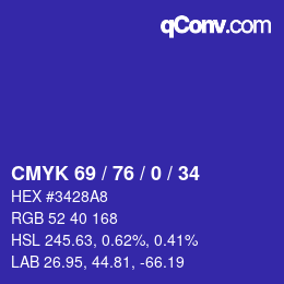 Color code: CMYK 69 / 76 / 0 / 34 | qconv.com