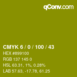 カラーコード: CMYK 6 / 0 / 100 / 43 | qconv.com
