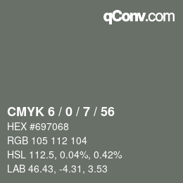 Farbcode: CMYK 6 / 0 / 7 / 56 | qconv.com