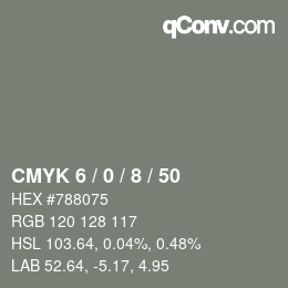 Farbcode: CMYK 6 / 0 / 8 / 50 | qconv.com