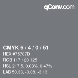 Farbcode: CMYK 6 / 4 / 0 / 51 | qconv.com