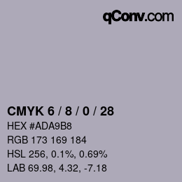 カラーコード: CMYK 6 / 8 / 0 / 28 | qconv.com