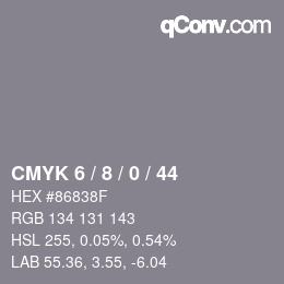 カラーコード: CMYK 6 / 8 / 0 / 44 | qconv.com