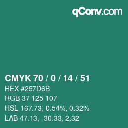 Farbcode: CMYK 70 / 0 / 14 / 51 | qconv.com