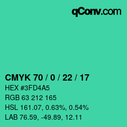 颜色代码: CMYK 70 / 0 / 22 / 17 | qconv.com
