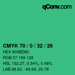 颜色代码: CMYK 70 / 0 / 32 / 26 | qconv.com