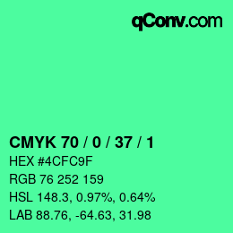 カラーコード: CMYK 70 / 0 / 37 / 1 | qconv.com