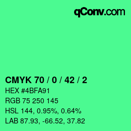 カラーコード: CMYK 70 / 0 / 42 / 2 | qconv.com