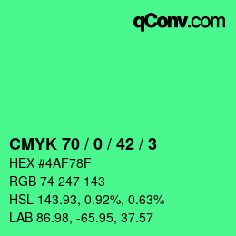 カラーコード: CMYK 70 / 0 / 42 / 3 | qconv.com