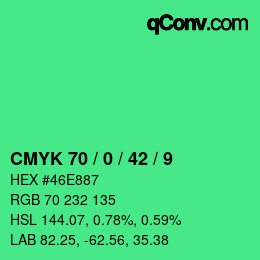 カラーコード: CMYK 70 / 0 / 42 / 9 | qconv.com