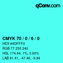 カラーコード: CMYK 70 / 0 / 6 / 0 | qconv.com