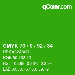 カラーコード: CMYK 70 / 0 / 92 / 34 | qconv.com
