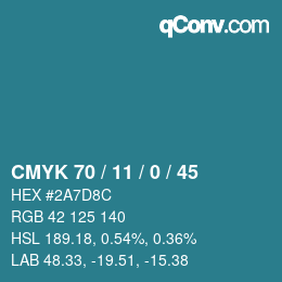 Farbcode: CMYK 70 / 11 / 0 / 45 | qconv.com