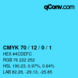 カラーコード: CMYK 70 / 12 / 0 / 1 | qconv.com