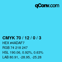 カラーコード: CMYK 70 / 12 / 0 / 3 | qconv.com