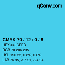 カラーコード: CMYK 70 / 12 / 0 / 8 | qconv.com