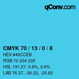 カラーコード: CMYK 70 / 13 / 0 / 8 | qconv.com